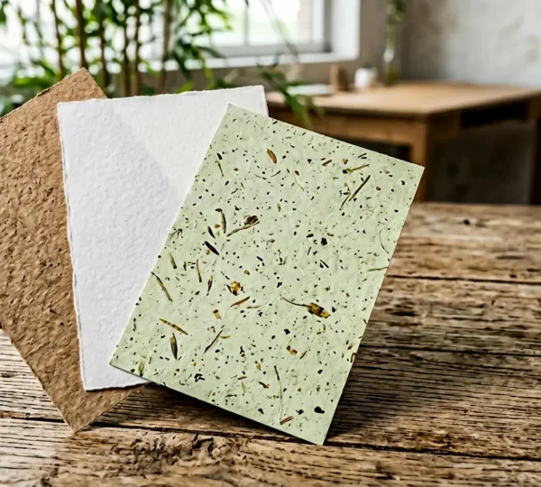 Comparaison tactile de trois échantillons de papiers naturels disposés en éventail sur une surface en bois brut