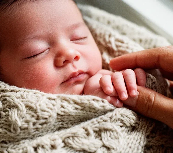 Nouveau-né endormi dans une mise en scène douce avec lumière naturelle