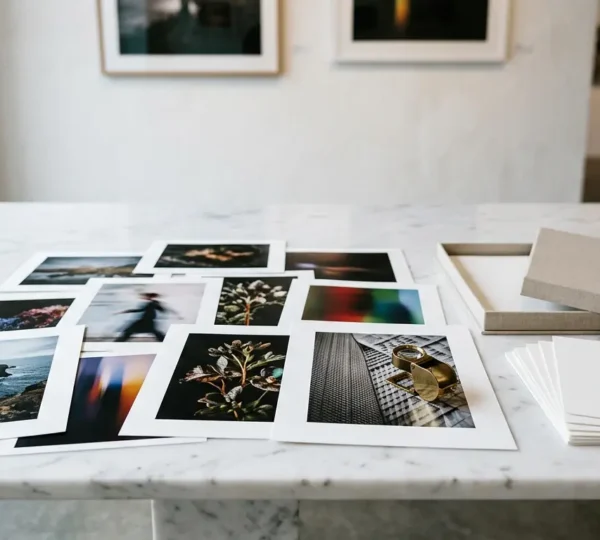 Portfolio d'artiste professionnel avec tirages photographiques haute définition posés sur table en marbre blanc