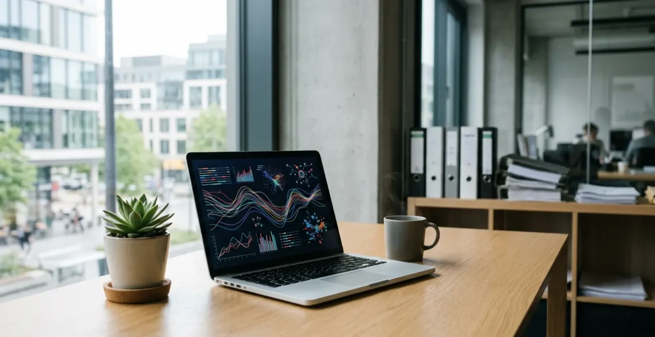 Bureau moderne avec ordinateur portable affichant des graphiques de performance, documents dématérialisés à l'écran et plante verte symbolisant l'écologie