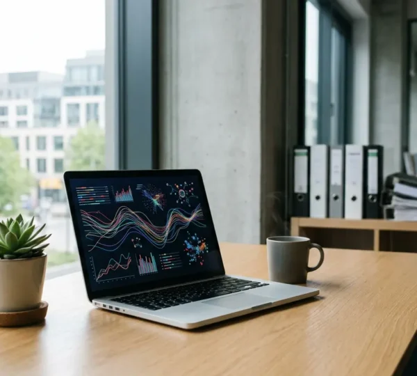 Bureau moderne avec ordinateur portable affichant des graphiques de performance, documents dématérialisés à l'écran et plante verte symbolisant l'écologie
