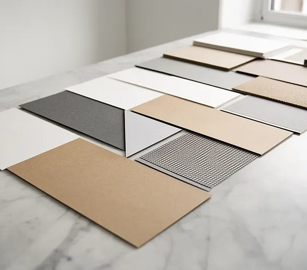Comparaison visuelle de supports cartonnés avec différentes épaisseurs et textures présentés sur une surface de travail élégante