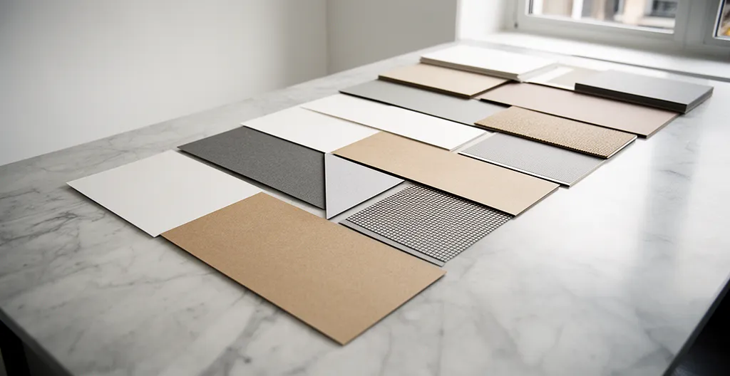Comparaison visuelle de supports cartonnés avec différentes épaisseurs et textures présentés sur une surface de travail élégante