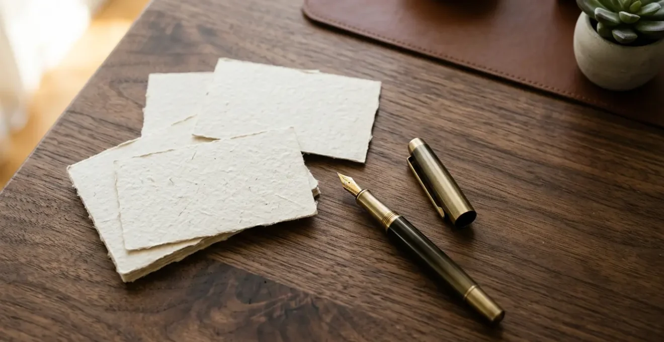 Vue en plongée d'un bureau en bois avec des cartes de vœux artisanales et un stylo plume