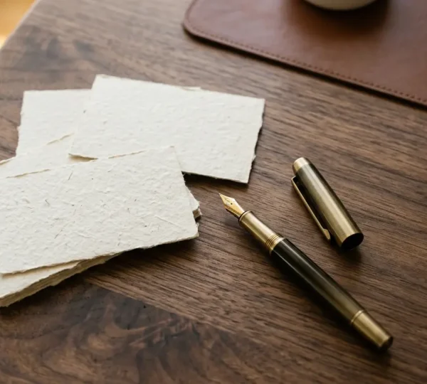 Vue en plongée d'un bureau en bois avec des cartes de vœux artisanales et un stylo plume