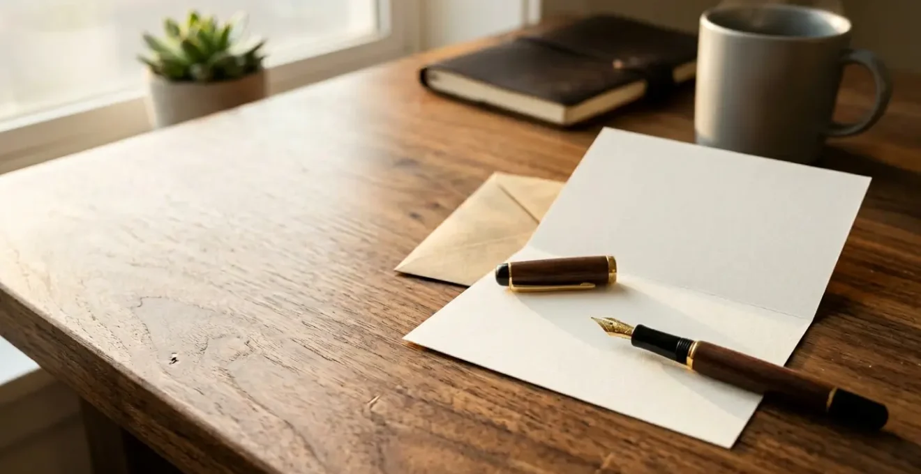 Carte de vœux manuscrite posée sur un bureau en bois avec stylo plume haut de gamme et enveloppe kraft élégante
