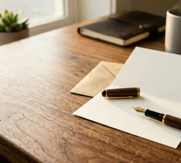 Carte de vœux manuscrite posée sur un bureau en bois avec stylo plume haut de gamme et enveloppe kraft élégante