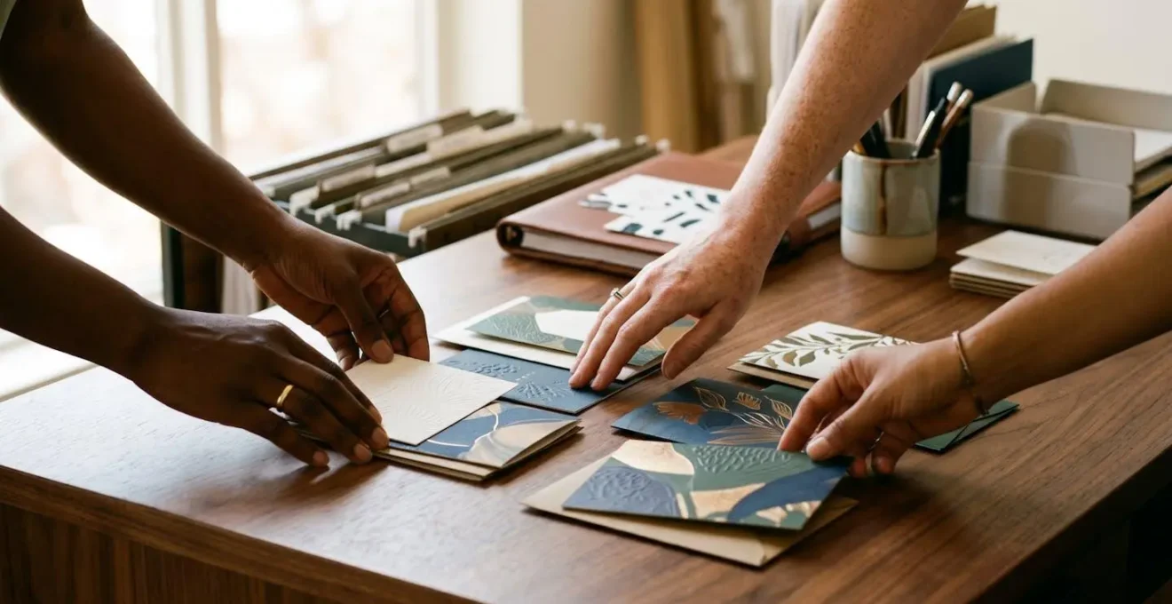 Bureau d'assistant de direction avec cartes de vœux élégantes et agenda professionnel