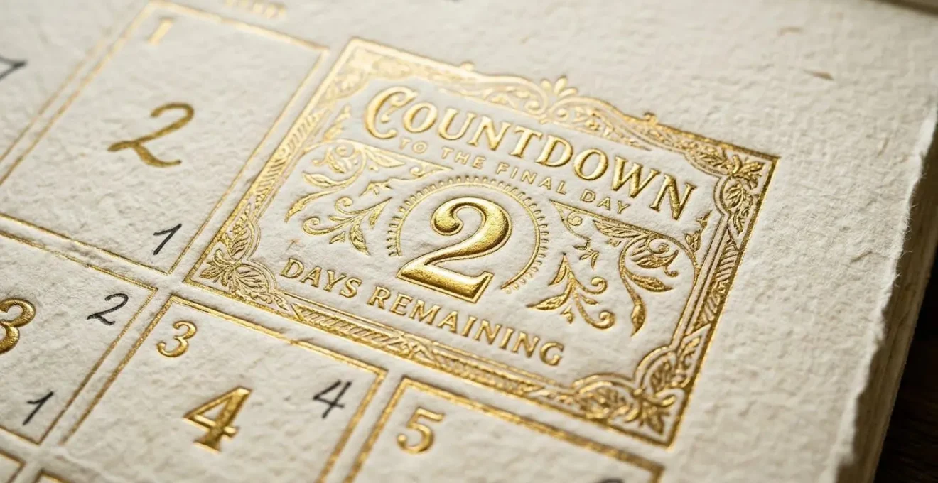 Vue macro d'un détail de calendrier doré en relief sur papier texturé avec compte à rebours visuel