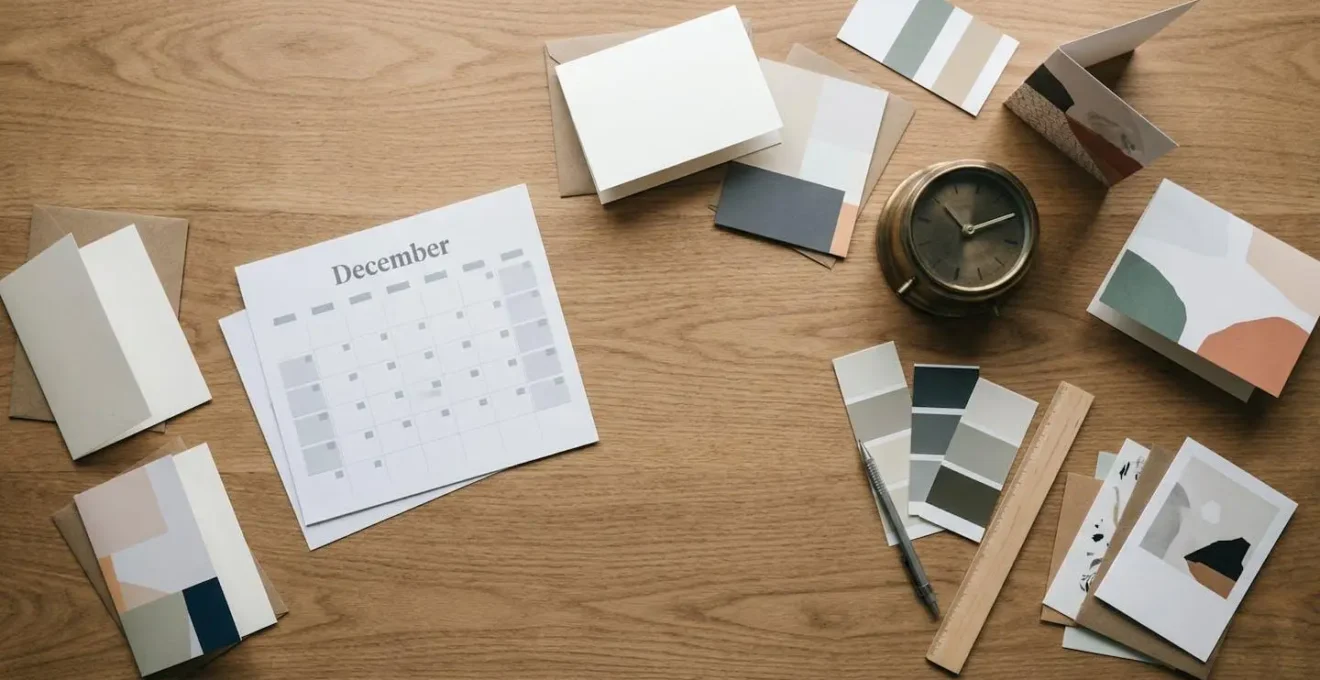 Vue aérienne d'un bureau avec calendrier de décembre et échantillons de cartes en cours de tri