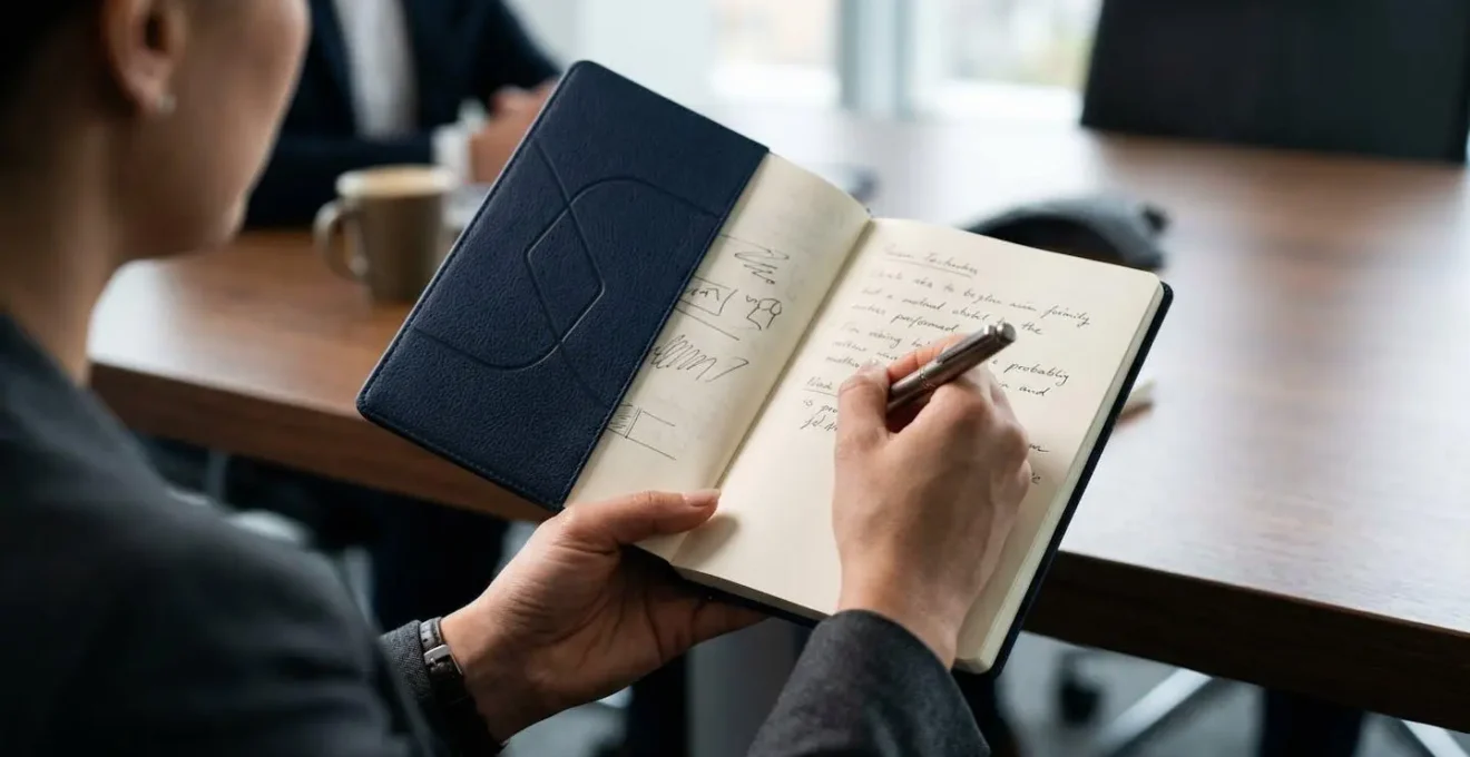 Employé utilisant un carnet de notes personnalisé en réunion