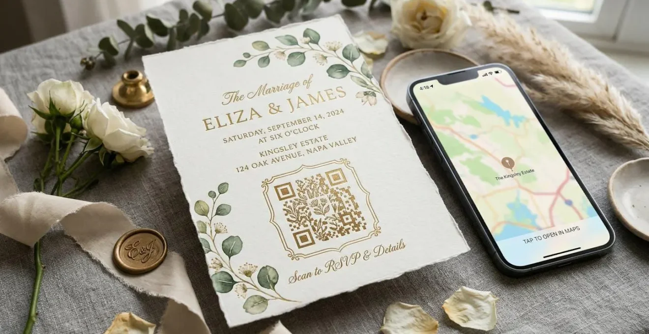 Main tenant une invitation élégante avec QR code artistiquement intégré et smartphone montrant une carte floue
