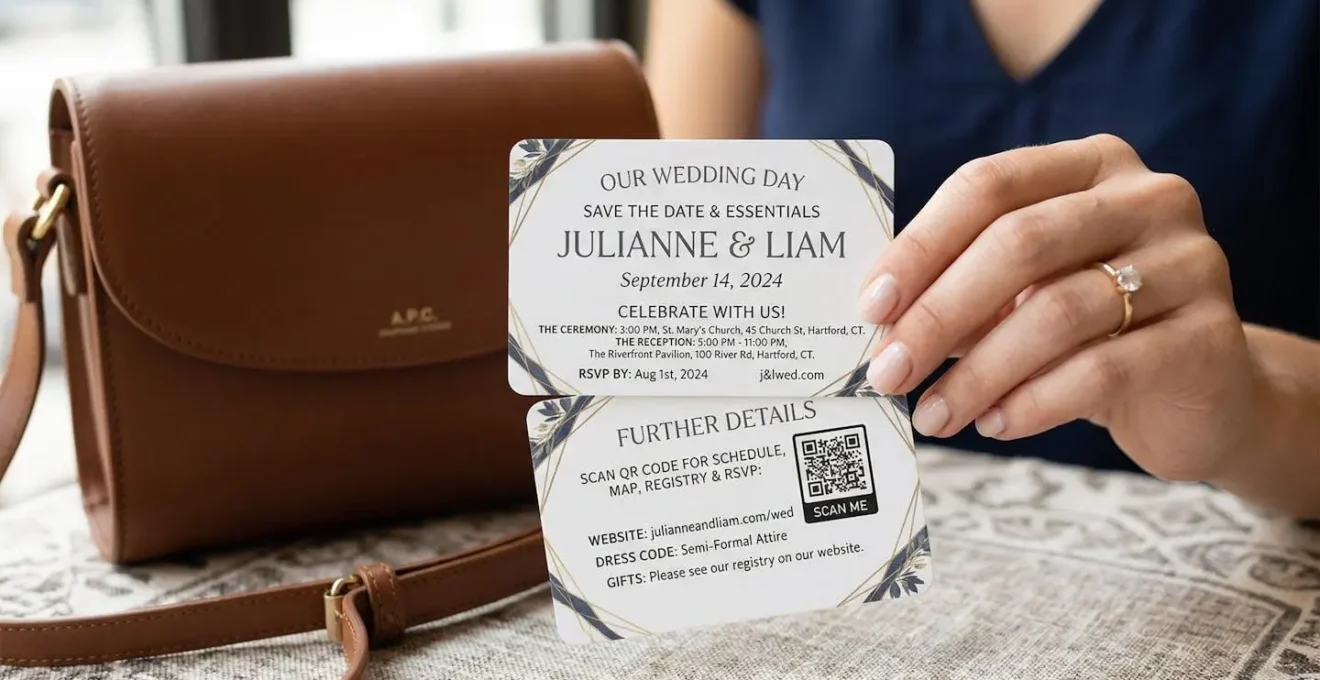 Petite carte format portefeuille avec informations essentielles du mariage, design épuré et pratique