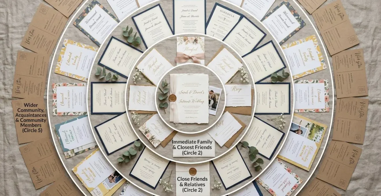 Différents niveaux de cartons d'invitation mariage disposés en cercles concentriques symbolisant les cercles d'intimité
