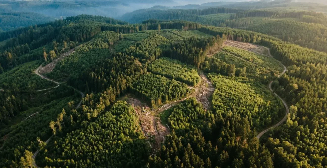 Vue aérienne d'une forêt gérée durablement avec alternance de zones de coupe et de régénération naturelle