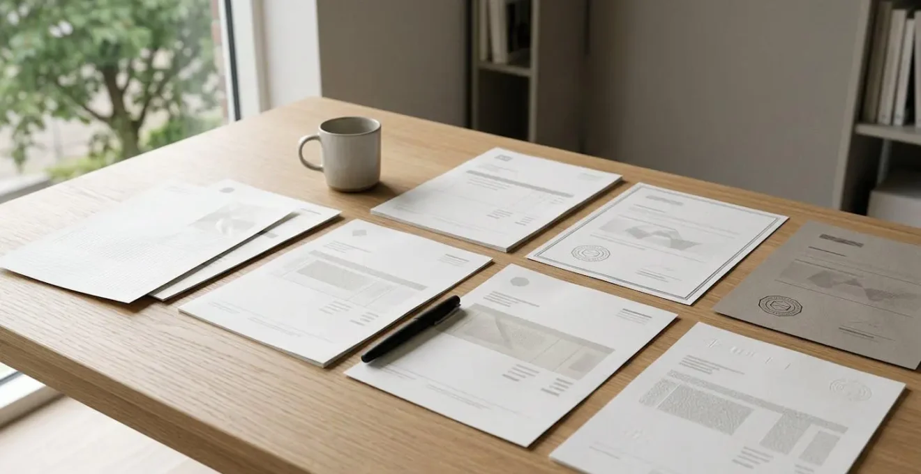 Vue en plongée de documents administratifs et factures avec tampons de certification