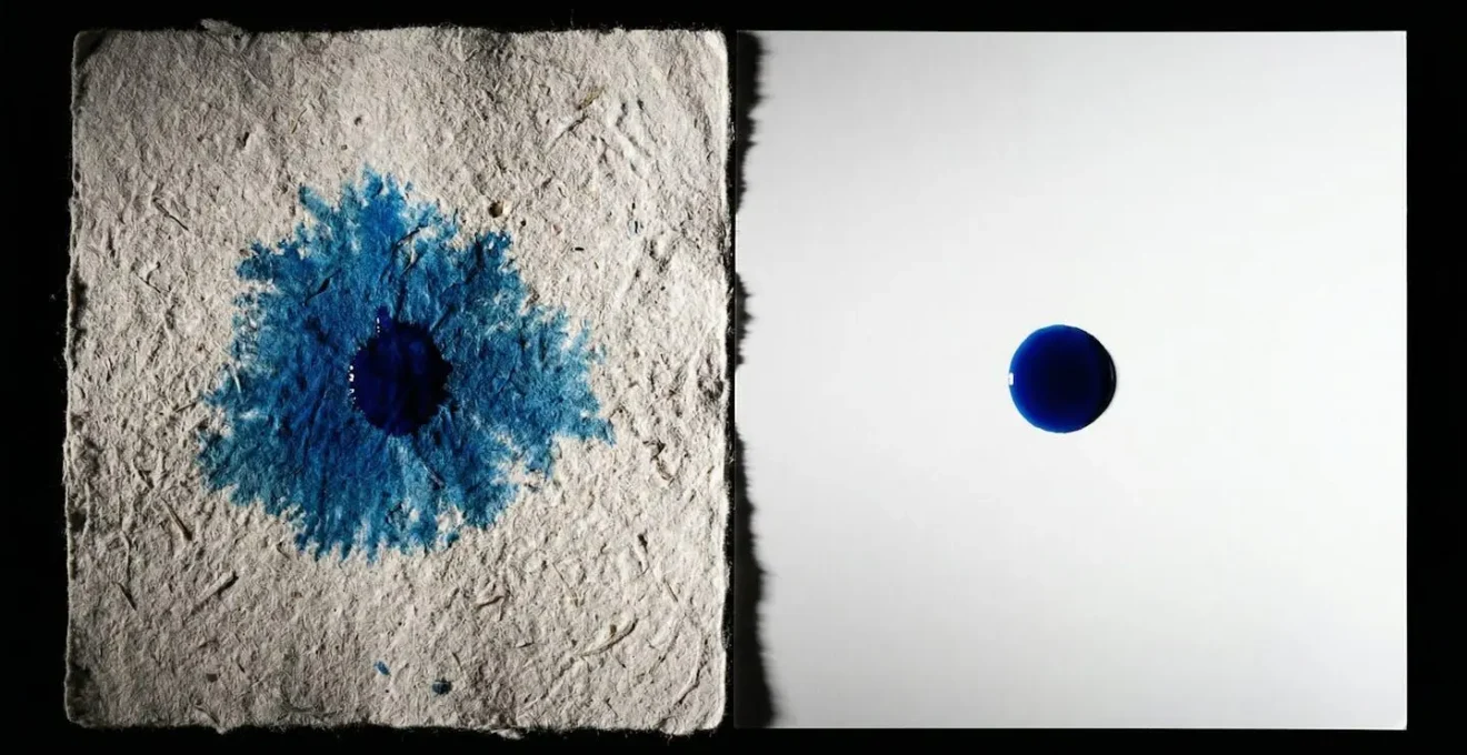 Vue en coupe microscopique montrant la différence d'absorption d'encre entre papier PCW et papier couché