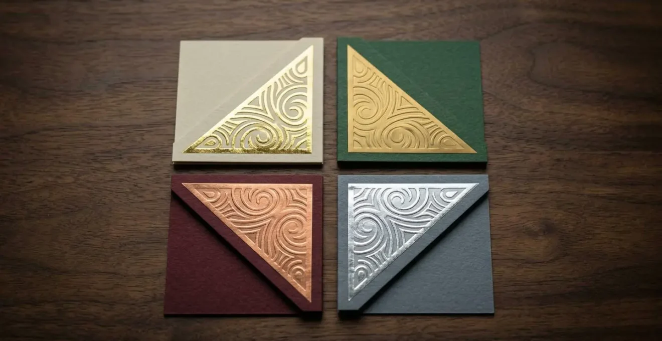 Composition montrant différentes finitions de dorure sur cartons d'invitation luxueux