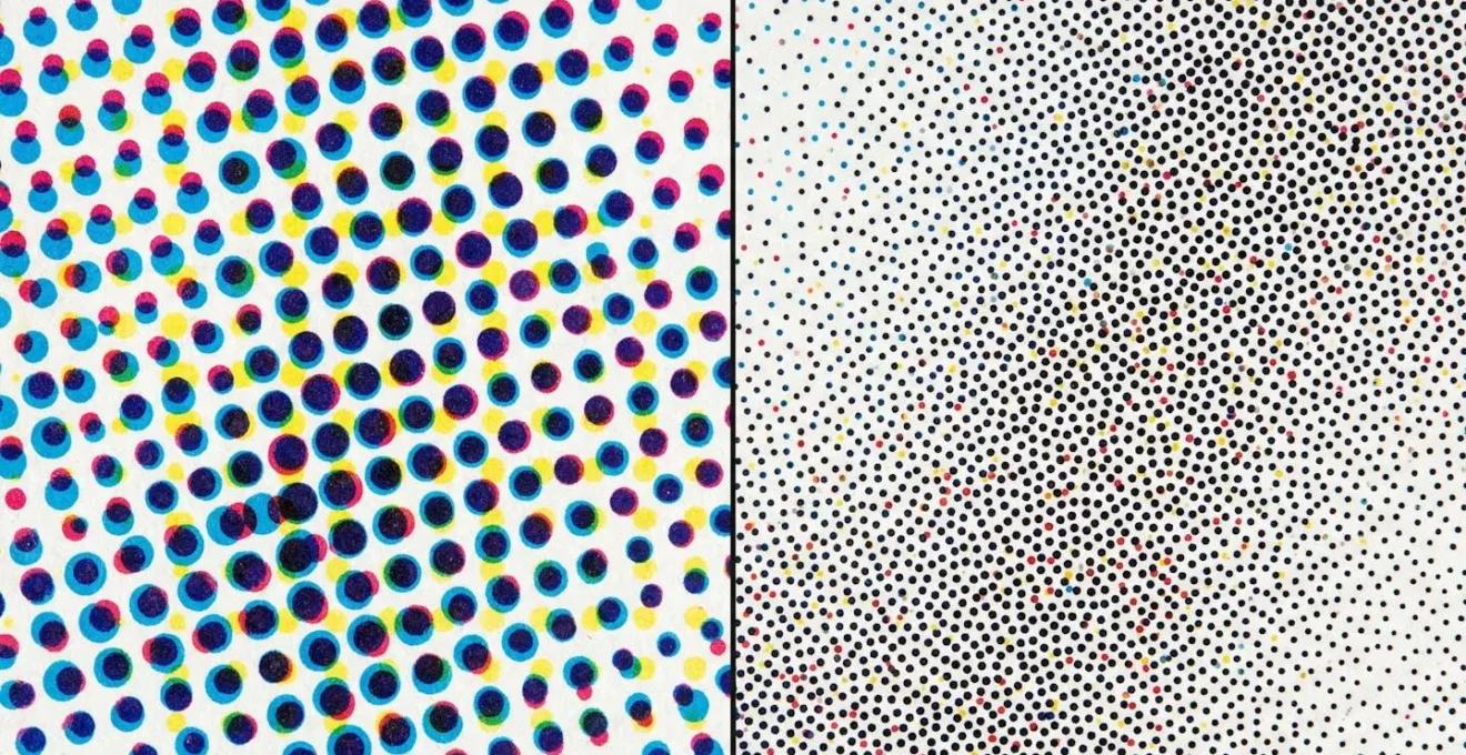 Vue microscopique comparant les trames d'impression AM et FM sur papier photo
