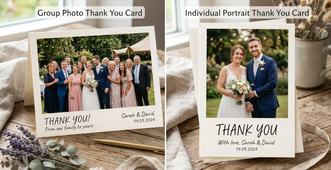 Comparaison visuelle entre une photo collective et un portrait individuel sur des cartes de remerciement
