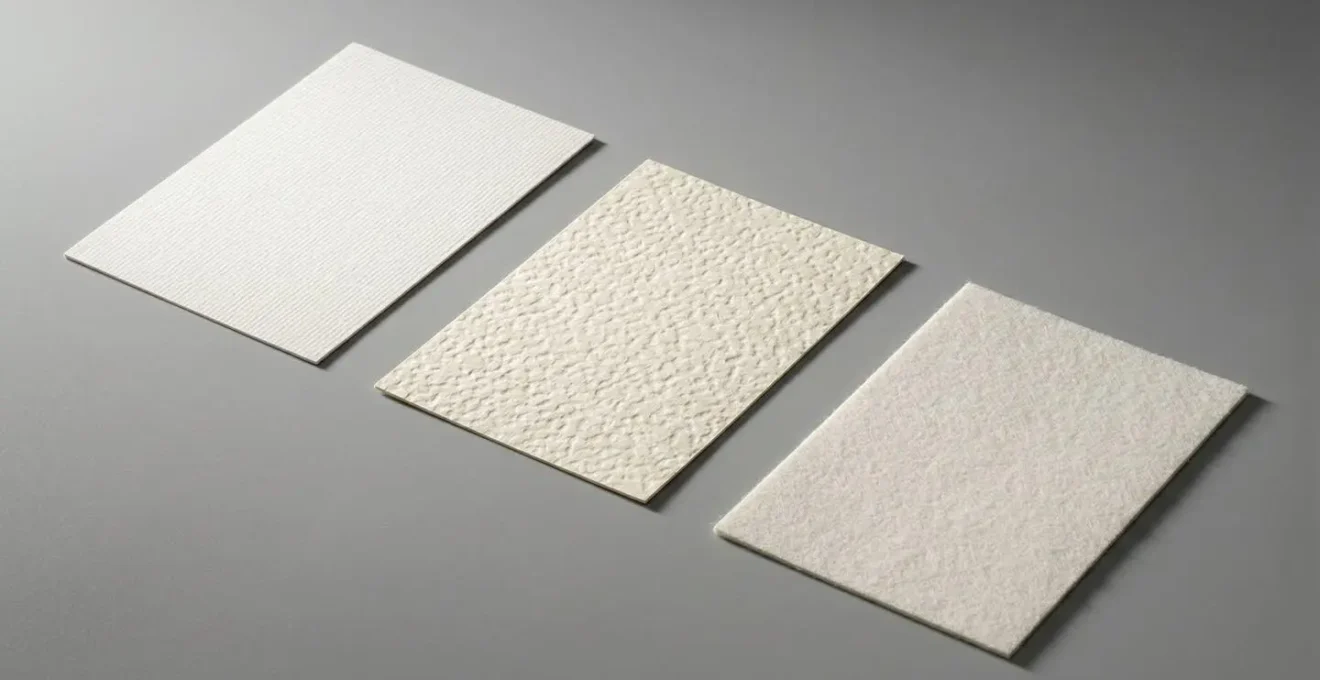 Trois échantillons de papier côte à côte montrant les textures vergé, martelé et feutre sous un éclairage rasant