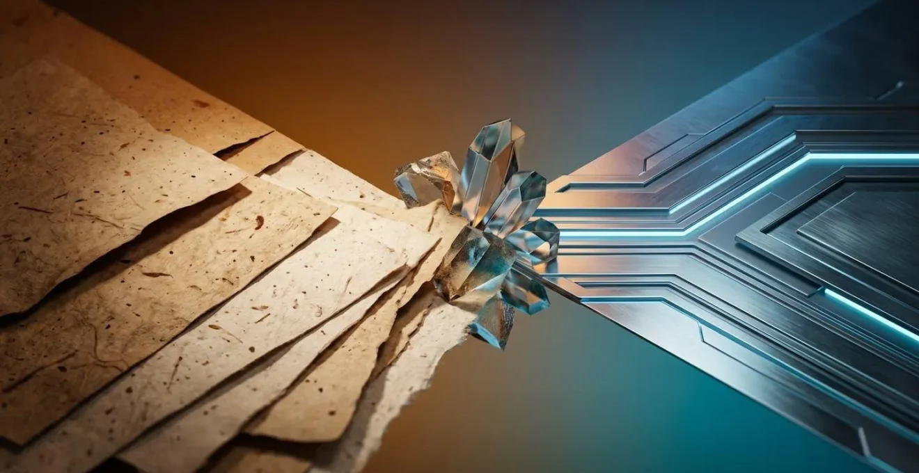 Composition abstraite montrant l'équilibre entre éléments naturels et technologiques