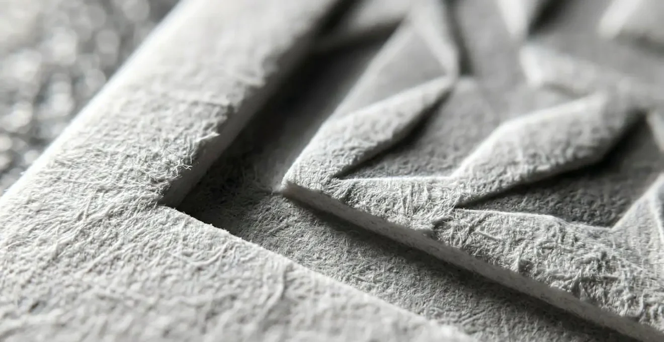 Vue macro d'un débossage profond sur papier coton épais montrant le relief en creux et les fibres