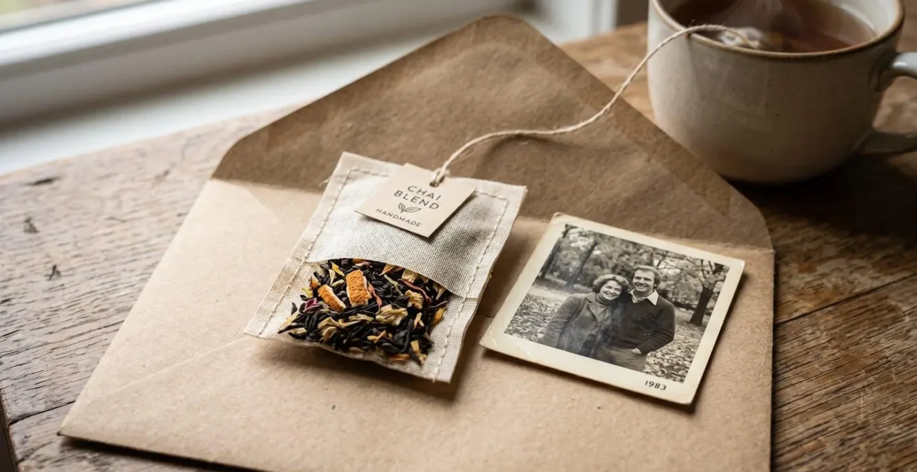 Détail macro d'un sachet de thé artisanal et d'une photo posés sur une enveloppe kraft ouverte