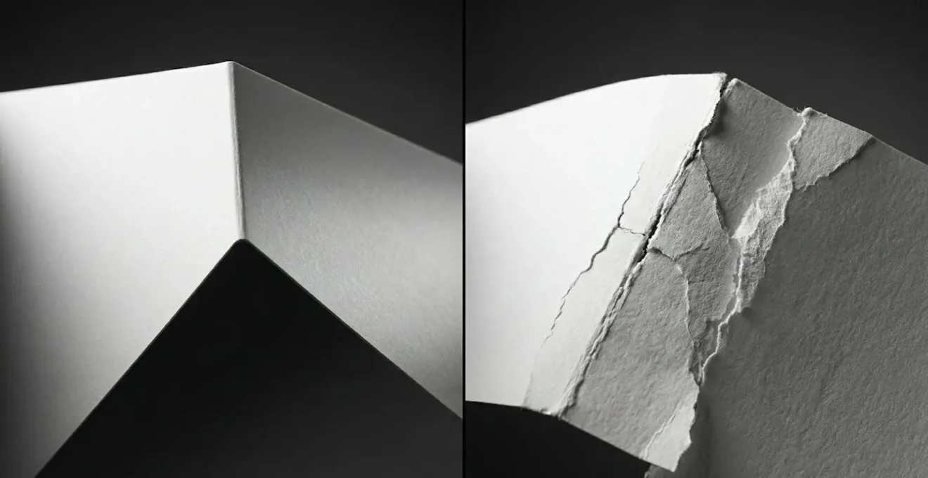 Comparaison détaillée entre une pliure nette rainée et une pliure craquelée sur carton épais