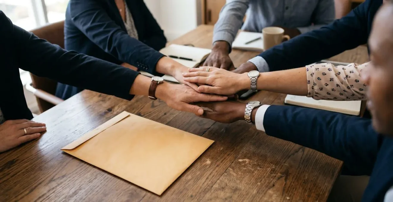 Mains de collègues posées ensemble sur un bureau en signe de solidarité, avec une enveloppe sobre visible