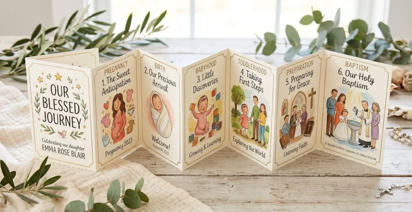 Faire-part créatif en forme d'accordéon déployé montrant les étapes de la vie d'un enfant jusqu'au baptême