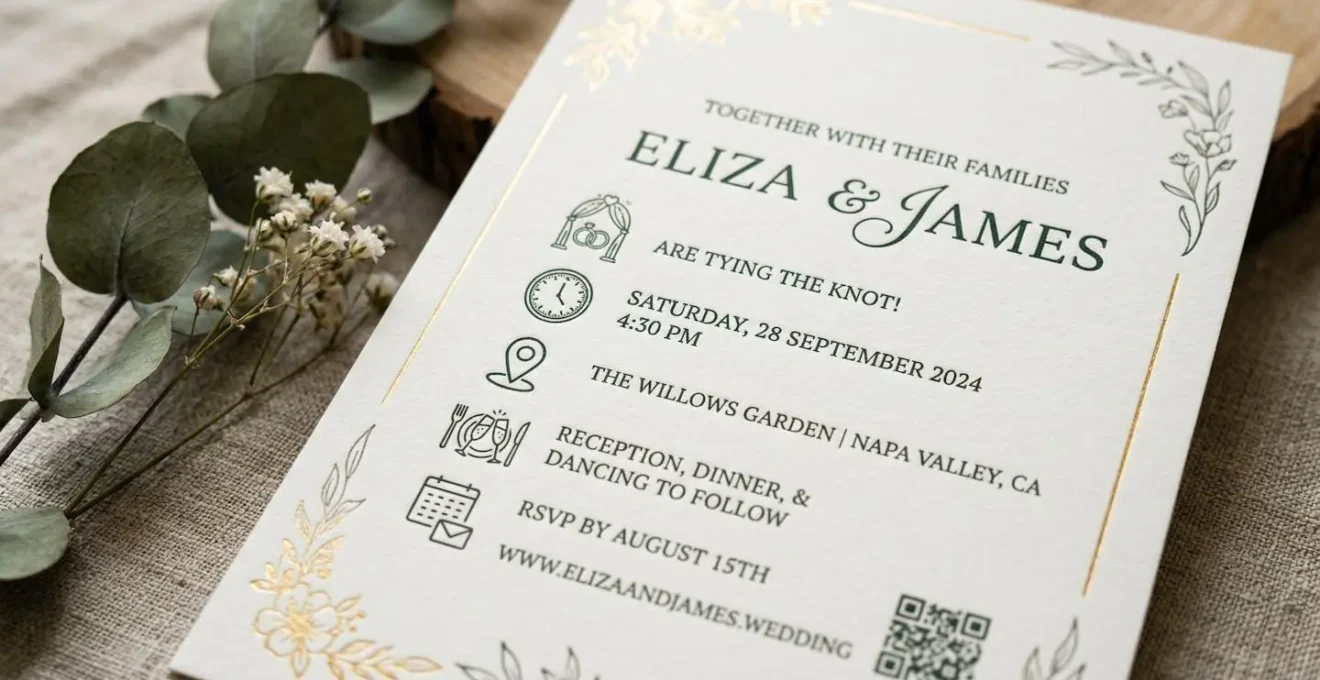 Gros plan macro sur un faire-part de mariage avec structure d'information visible par icônes graphiques