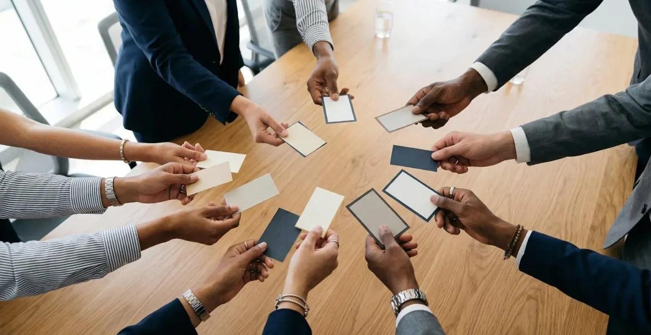 Vue aérienne de mains multiculturelles échangeant des cartes de visite de différents formats sur une table en bois