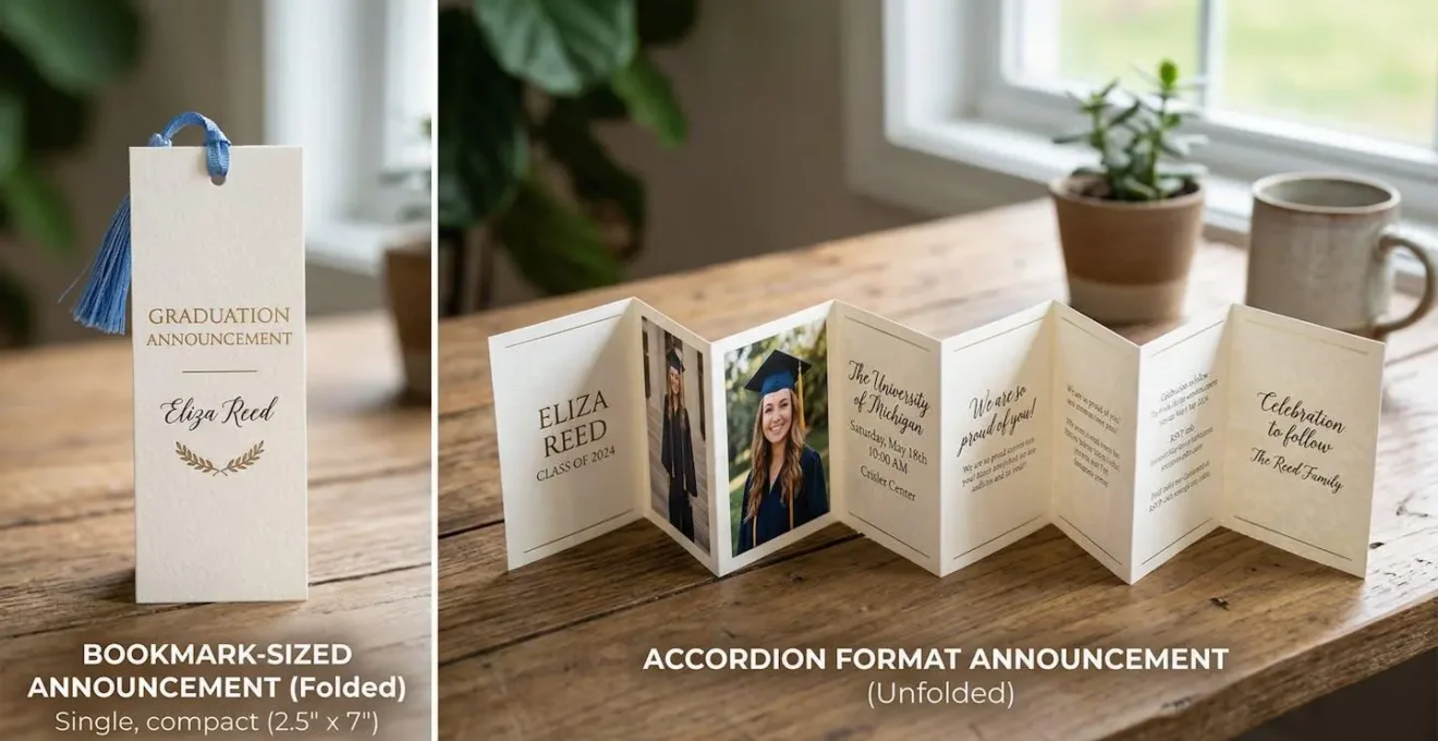 Comparaison visuelle entre un faire-part format marque-page et un format accordéon déplié