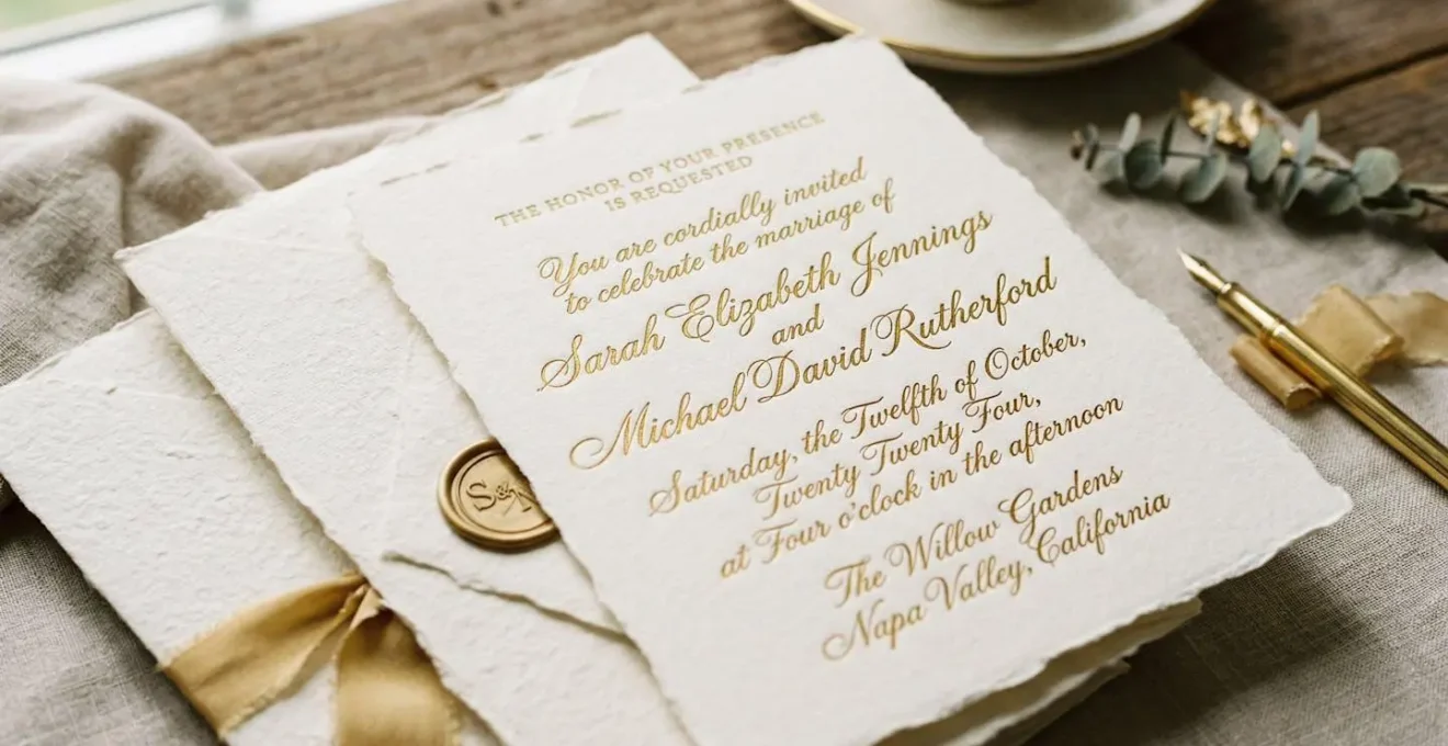Gros plan sur des cartons d'invitation élégants avec calligraphie dorée sur papier texturé