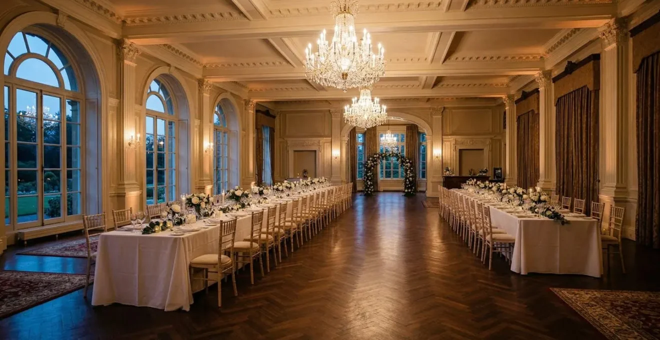 Vue large d'une salle de réception élégante avec tables dressées et espace négatif suggérant l'exclusivité