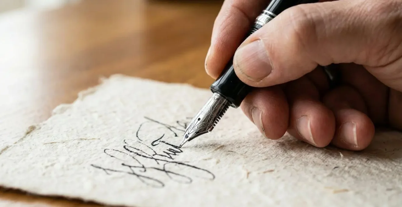 Gros plan sur une main tenant un stylo plume écrivant sur une carte de vœux artisanale