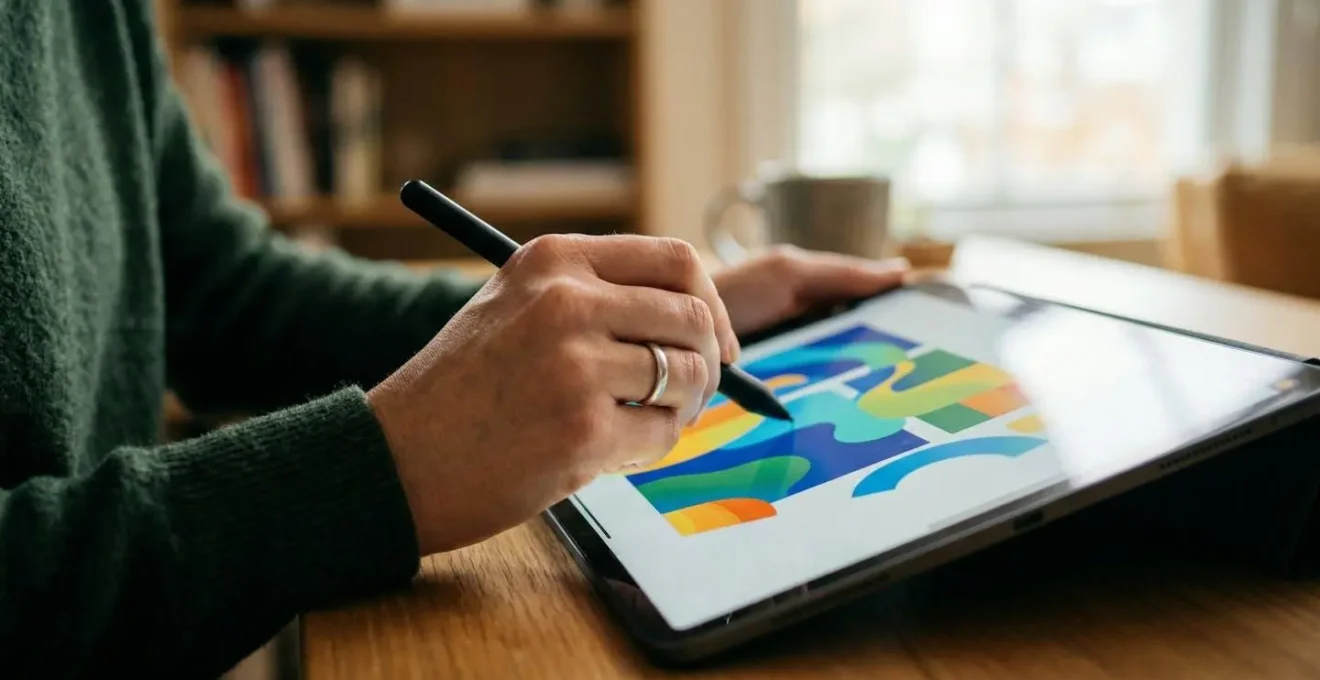 Mains créatives personnalisant un template sur tablette avec stylet dans environnement de travail moderne