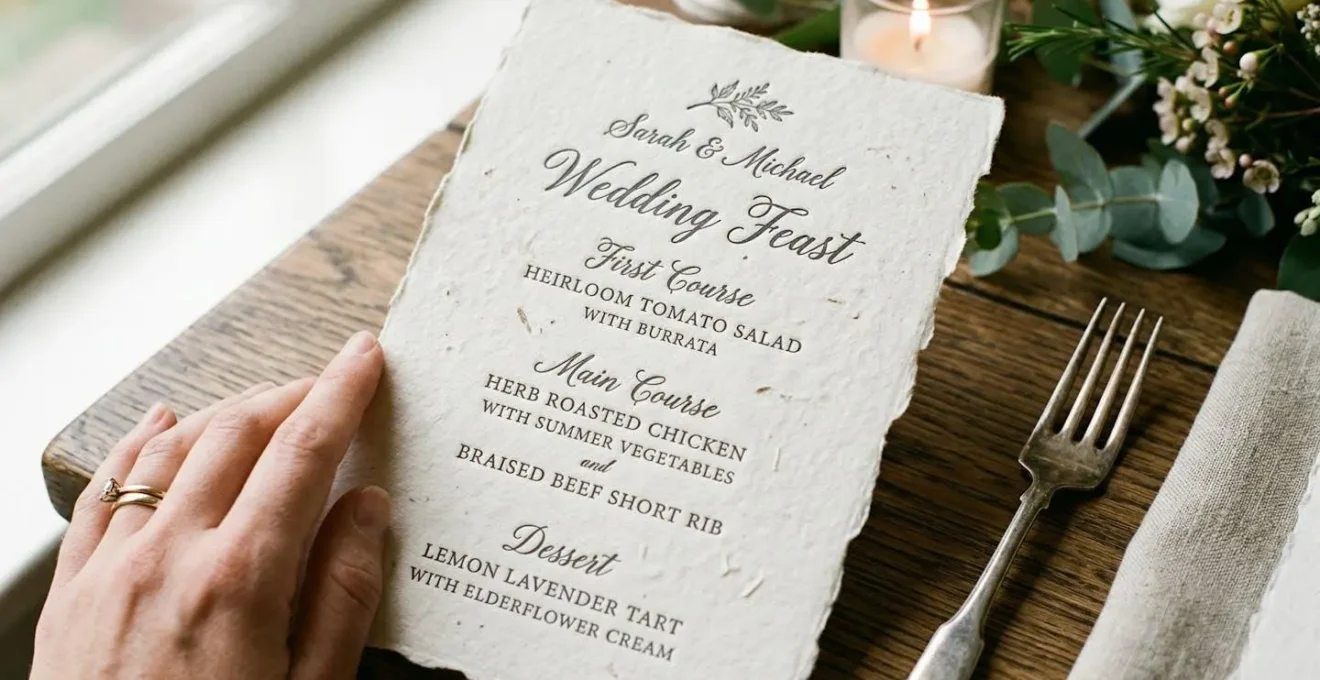 Gros plan sur un menu de mariage avec mise en valeur des textures du papier