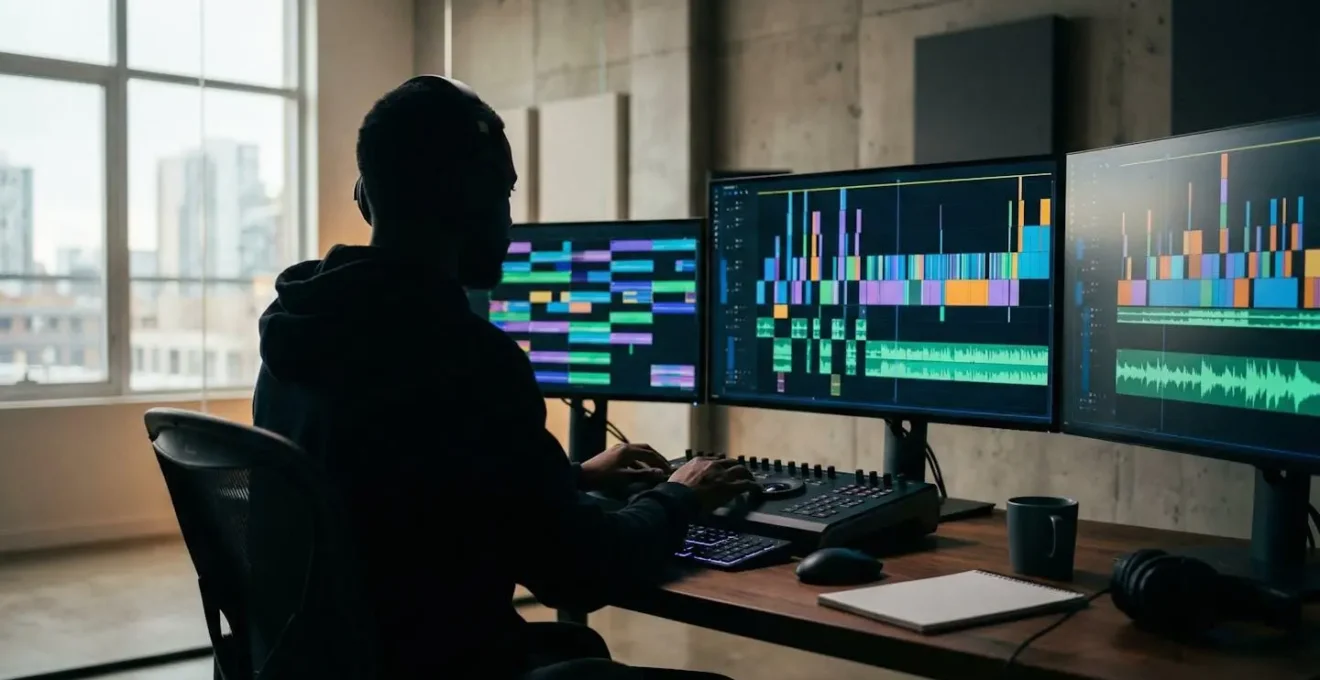 Vue minimaliste d'un écran de montage vidéo professionnel montrant une timeline épurée