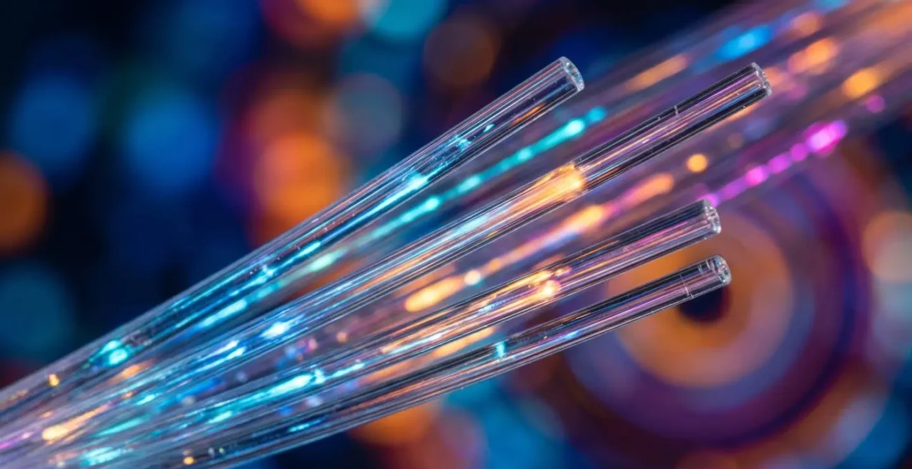 Vue macro d'une fibre optique transmettant des données lumineuses