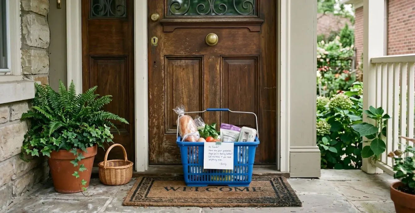 Panier de provisions déposé discrètement devant une porte d'entrée avec une note manuscrite
