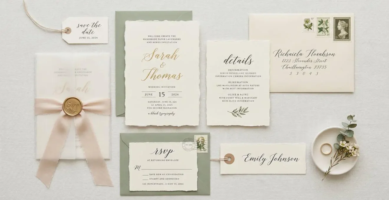 Composition aérienne minimaliste de papeterie de mariage coordonnée sur surface claire