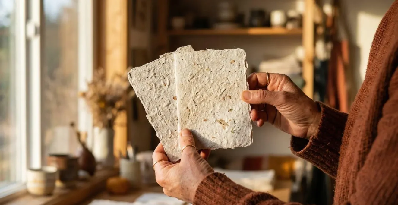 Texture de papier recyclé artisanal avec fibres visibles sous lumière douce