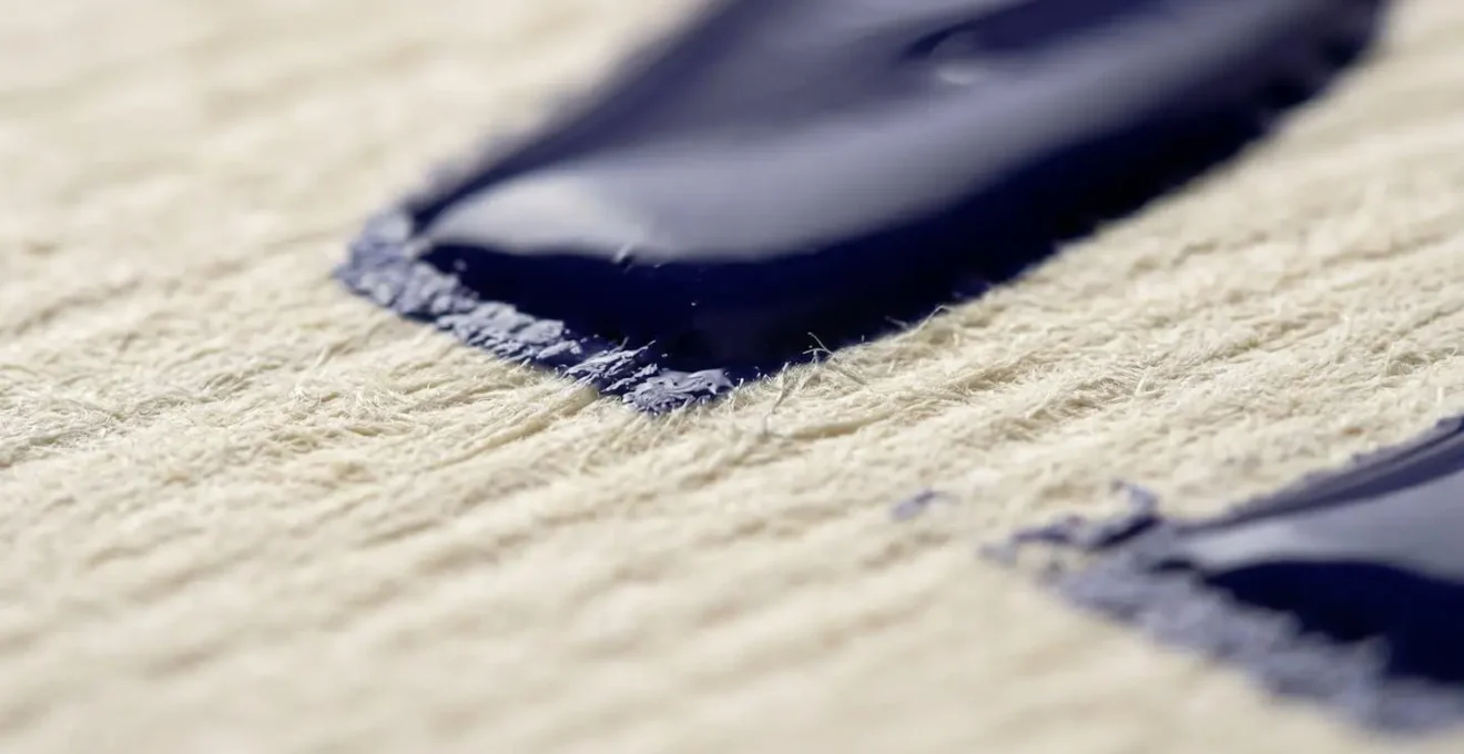 Gros plan macro sur papier vergé avec encre UV créant un aplat parfait