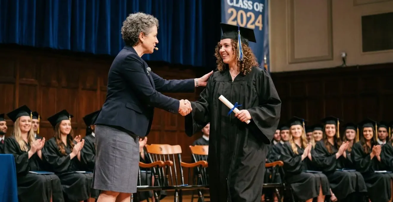Moment symbolique de passage entre un intervenant VIP et les diplômés sur scène