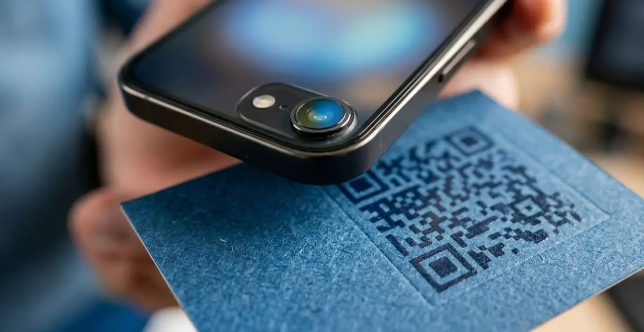 Main tenant un smartphone scannant un QR code sur une carte de visite professionnelle