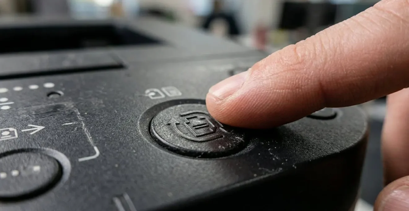 Gros plan sur une main ajustant les paramètres d'une imprimante professionnelle avec focus sur le bouton recto-verso