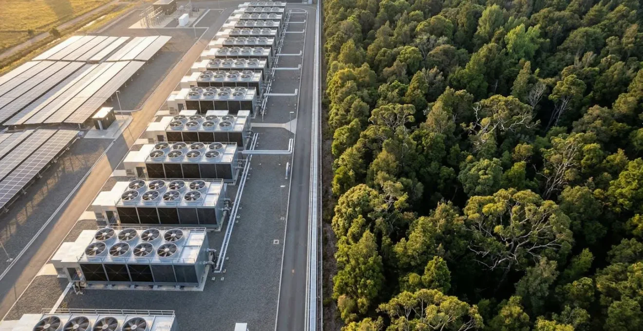 Vue aérienne d'un data center moderne juxtaposé à une forêt verdoyante