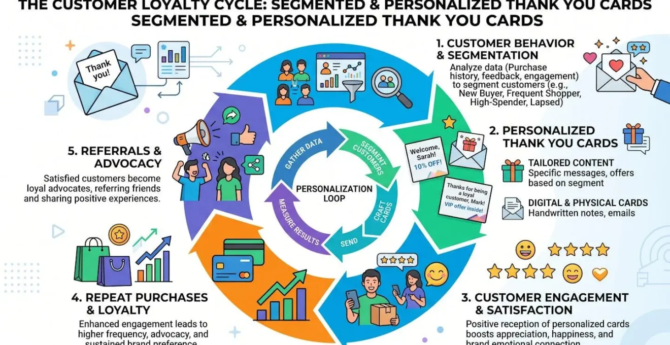 Schéma illustrant le cycle de fidélisation client grâce à des cartes de remerciement segmentées et personnalisées